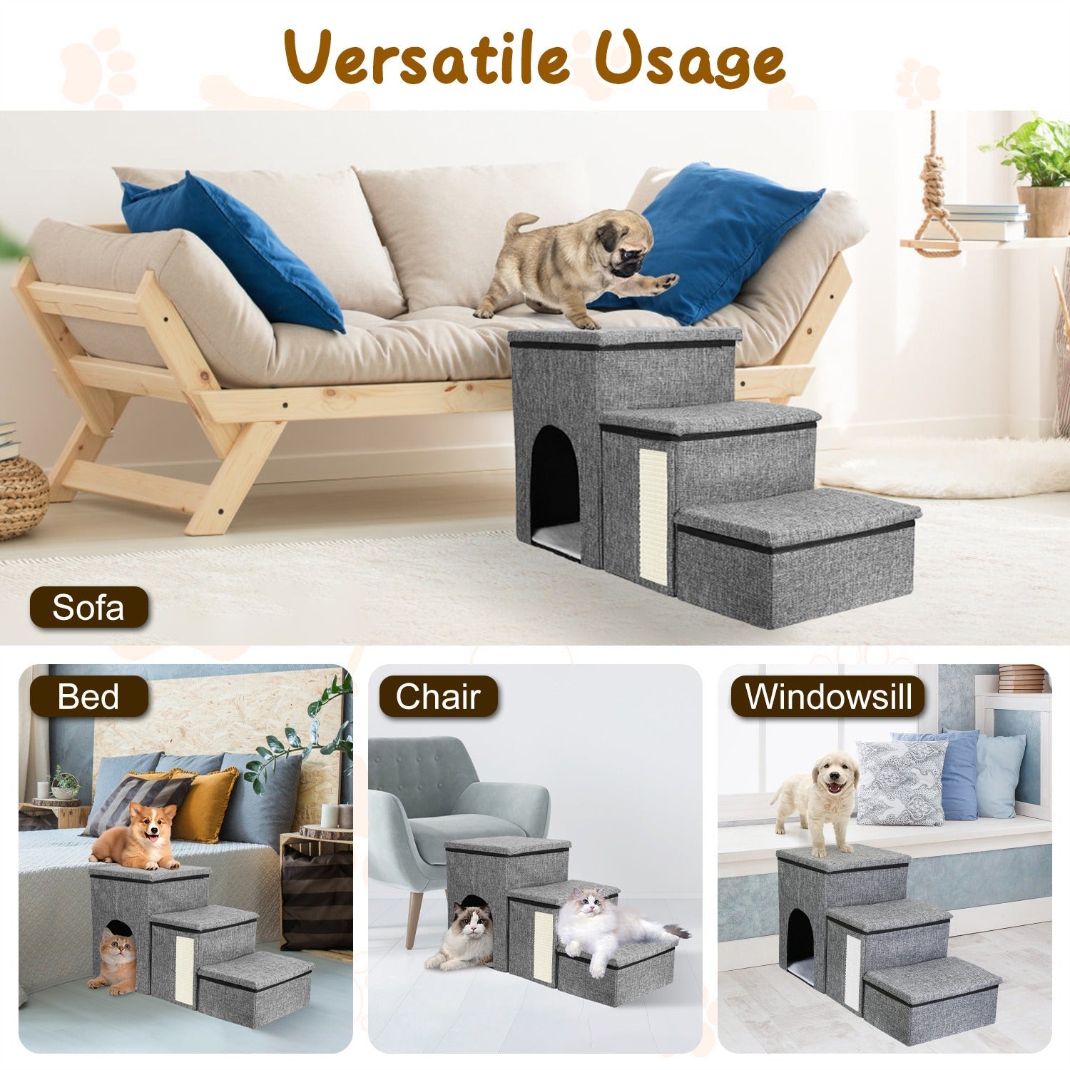 3 Step Pet Stair 4-IN-1 Foldable Dog Ramp Non-Slip Cat Storage Ladder with Scratcher Storage and Pet House for Old Pet Small/Medium Dog/Cat 165LBS Max