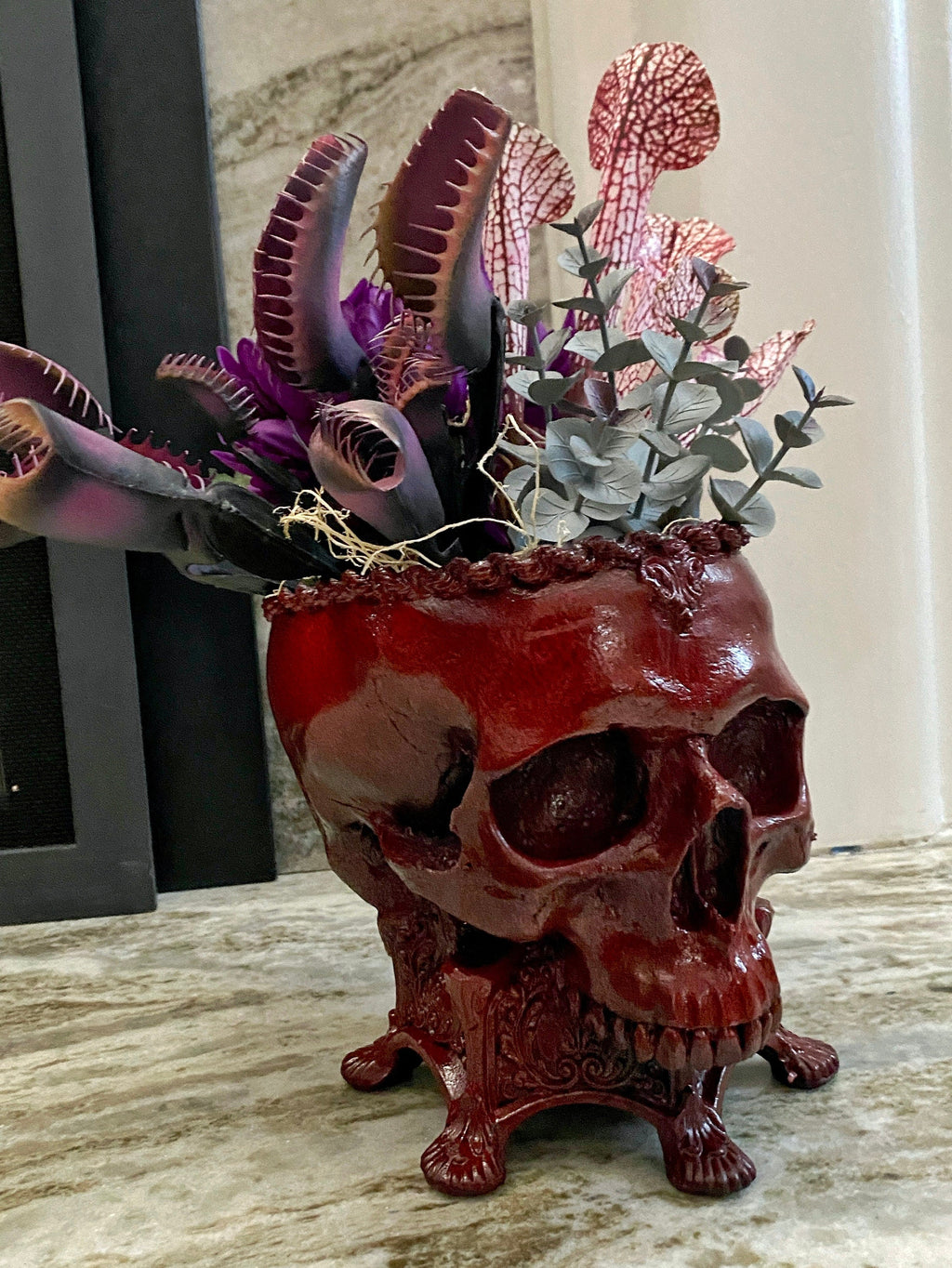 Human Skull Planter Blood Red Finish, Hand Painted Resin Sculpture | Unique Gothic Home Decor | Spooky Art Gift and Gothic Home Decor