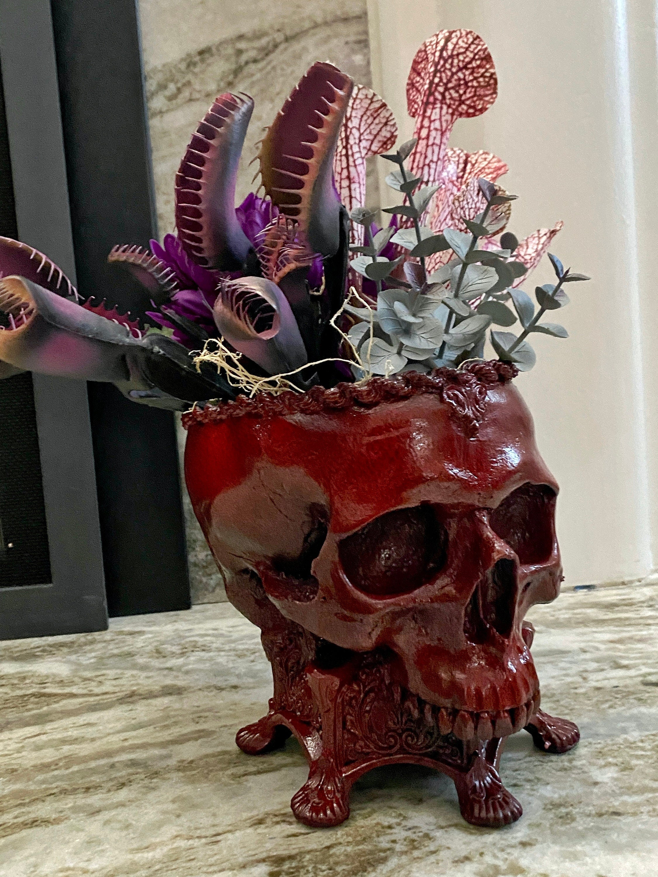 Human Skull Planter Blood Red Finish, Hand Painted Resin Sculpture | Unique Gothic Home Decor | Spooky Art Gift and Gothic Home Decor