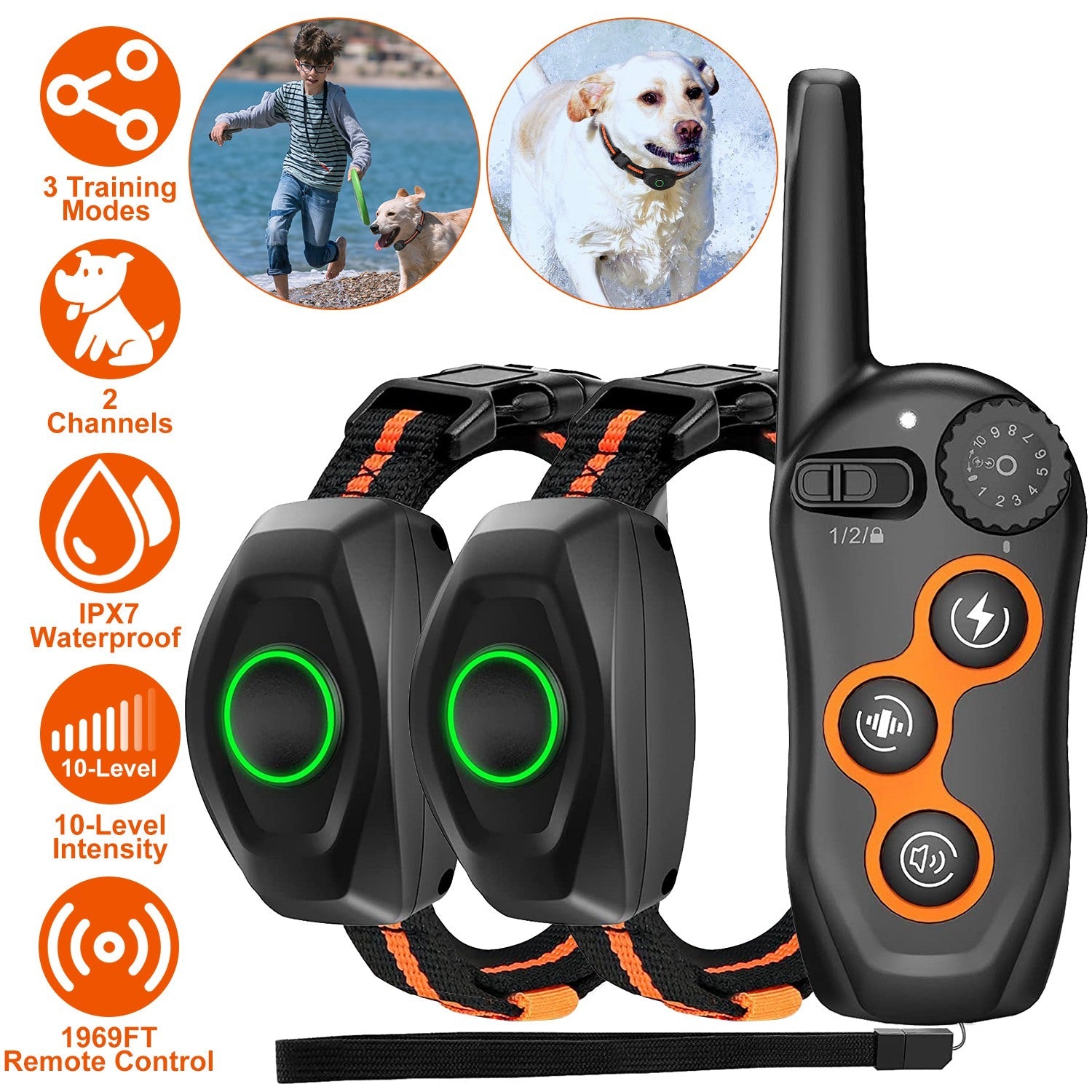 3280FT Dog Training Collar IP67 Waterproof Pet Beep Vibration Electric Shock Collar 3 Channels Rechargeable Transmitter Receiver Trainer with Flashlig