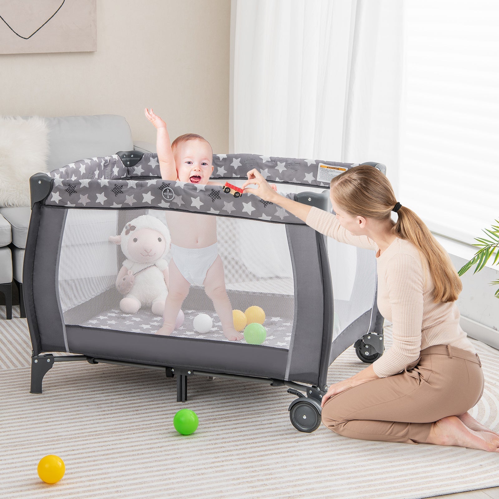 Portable Baby Playard with Changing Table Bassinet and Music Box-Gray