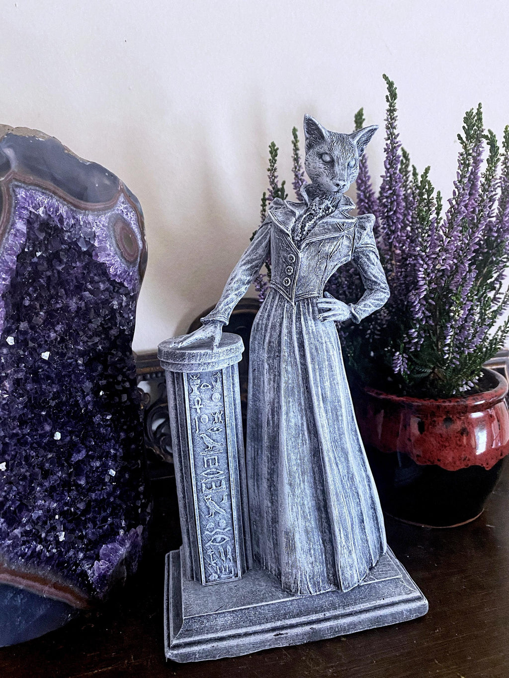 Lady Bast Statue, Cat Goddess, Hand Painted Resin Sculpture | Mythical Creature Figurine | Victorian Cat Goddess Figurine. Fantasy Art Decor
