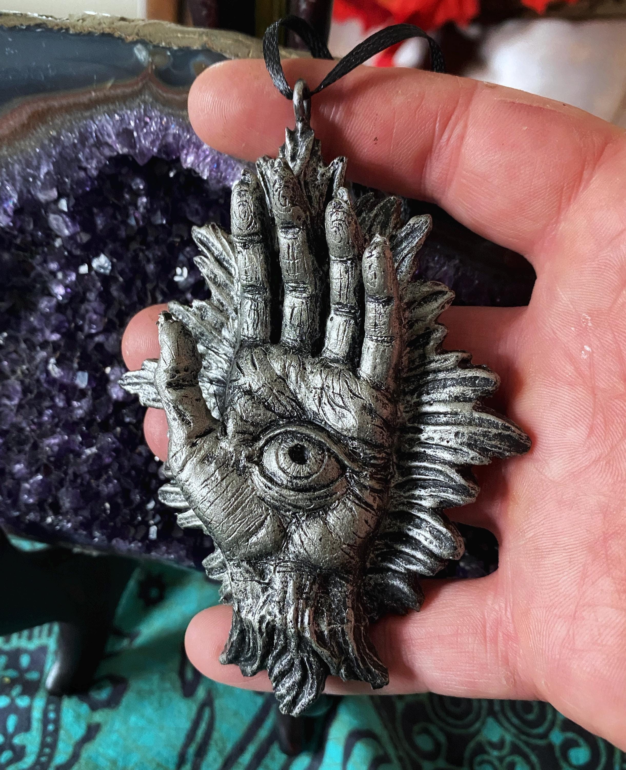 Hand of Protection Relic, Hamsa Ornament, Hand Painted Resin Sculpture |Occult Folklore Figurine | Evil Eye Pagan Ornament for Holiday Decor