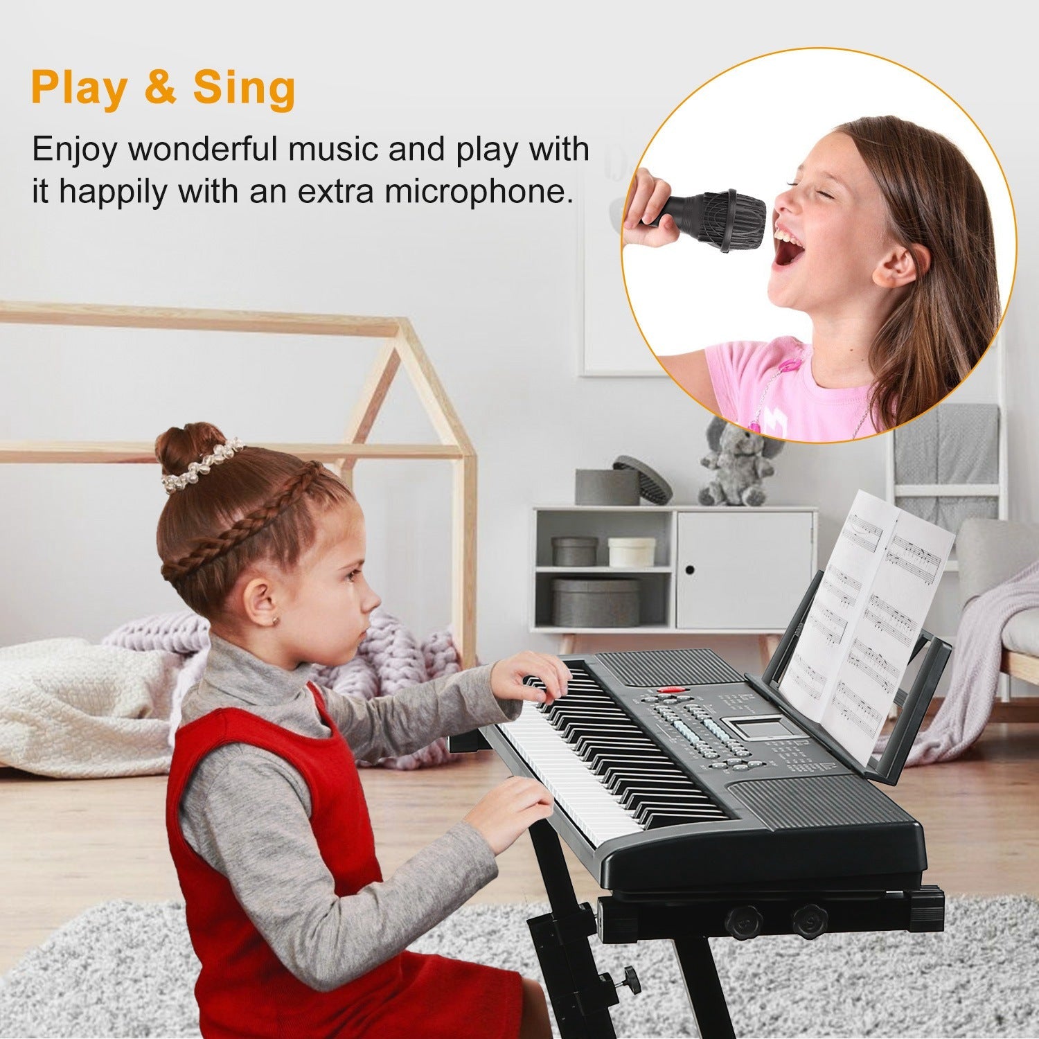 61 Keys Digital Music Electronic Keyboard Electric Musical Piano Instrument Kids Learning Keyboard w/ Stand Microphone For Beginners