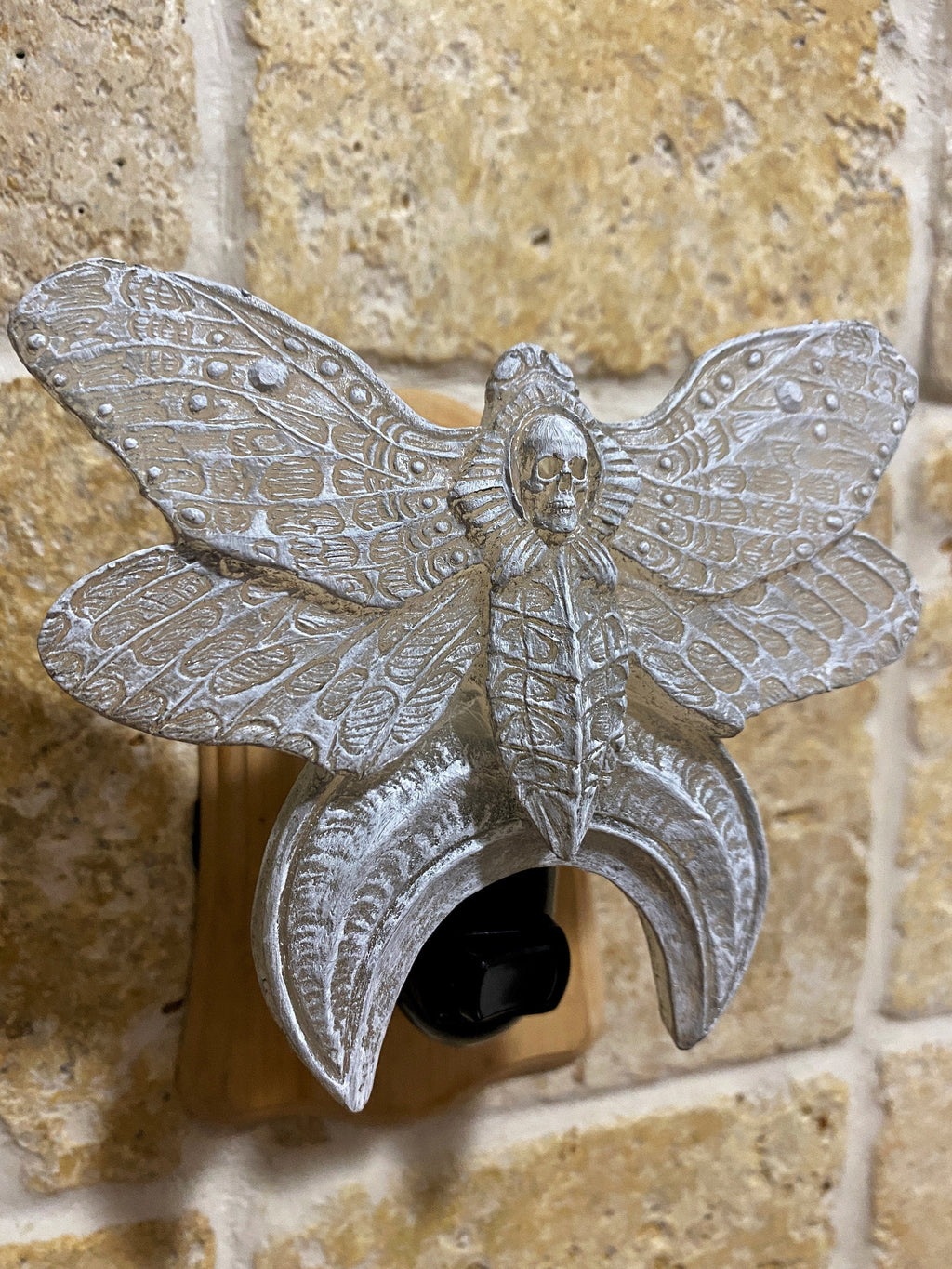 Death's Head Moth Nightlight, Hand Painted Resin Sculpture | Witchy Gothic Night Light |  Moth and Moon Light for Gothic Fantasy Home Decor