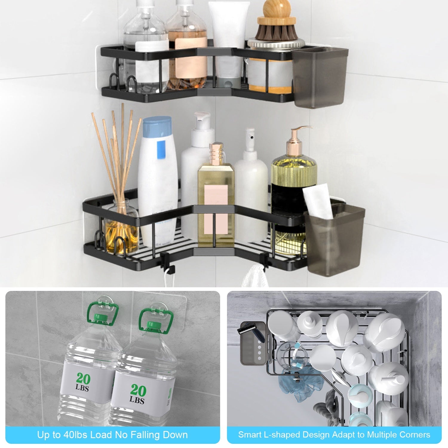 2Pcs Corner Shower Caddy Anti-Rust Soap Holder Hanging Hook No Drilling Adhesive Shower Organizer Corner Shelves Bathroom Kitchen