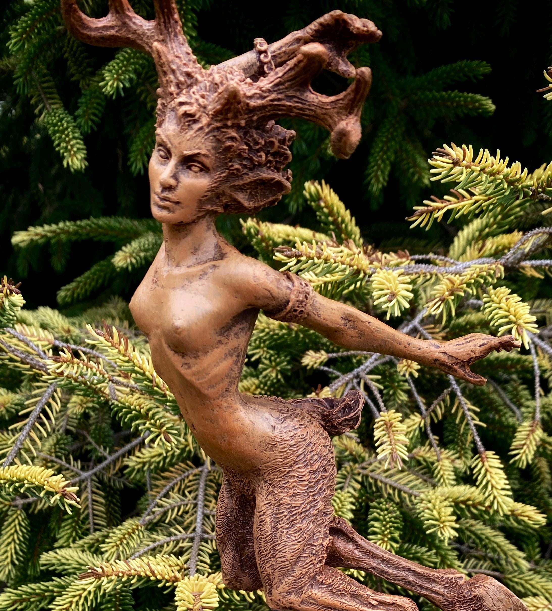 Faun Statue, Hand Painted Resin Sculpture | Mythical Forest Creature Figurine | Woodland Female Satyr Statue for Fantasy Art Decor