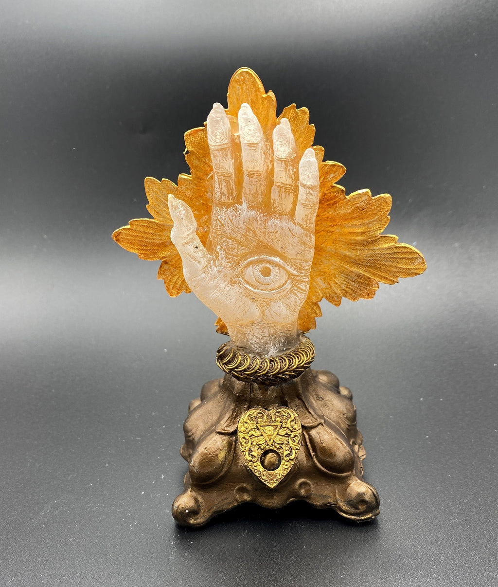 Hand of Protection Relic, Hamsa with LED Tea Light, Hand Painted Resin Sculpture | Medieval Gothic Decor | Occult Hand for Gothic Home Decor