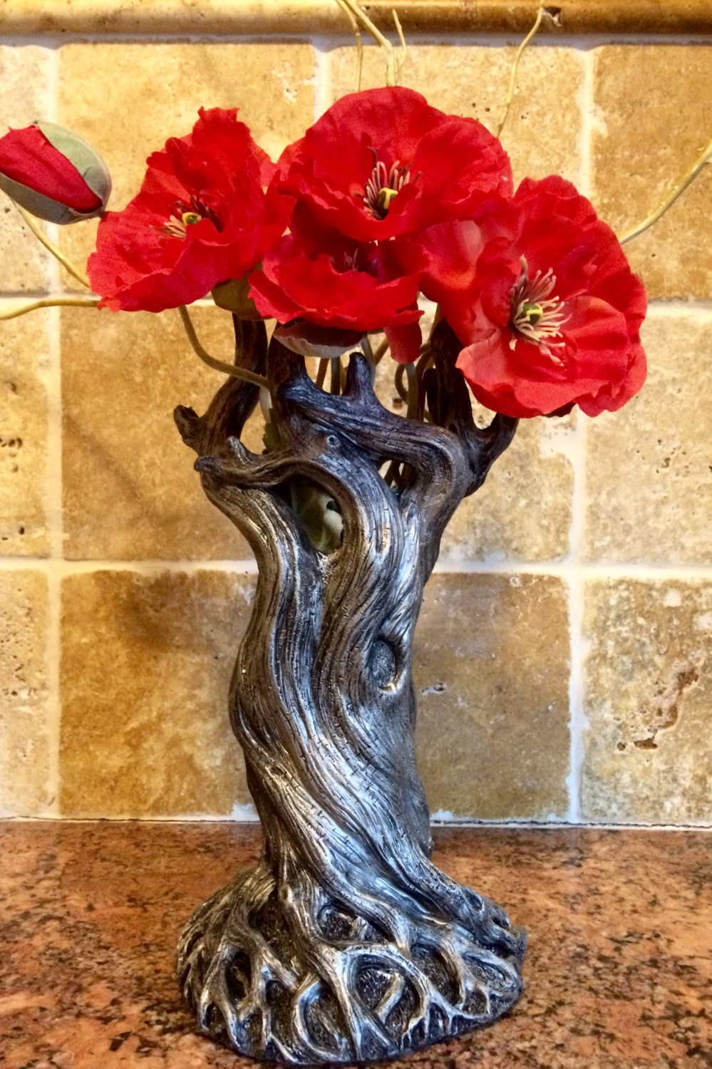 Tree Vase, Pewter Finish | Unique Woodland Rustic Home Decor | Resin Sculpture Flower Vase, Nature Gift and Earthy Home Decor