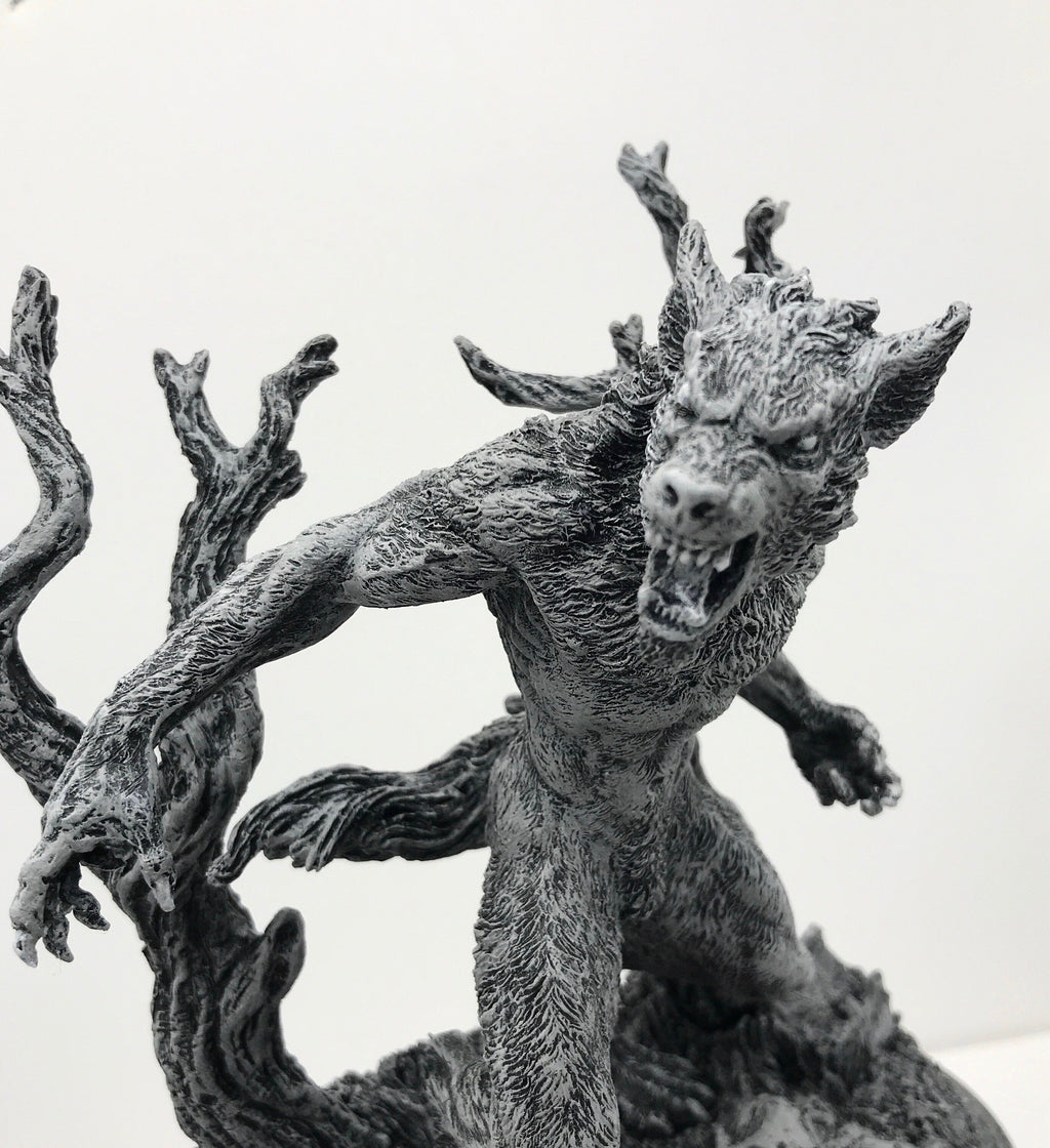 Werewolf Statue, Hand Painted Grayscale Resin Sculpture | Gothic Halloween Legendary Monster Figurine | Dark Art for Spooky Home Decor