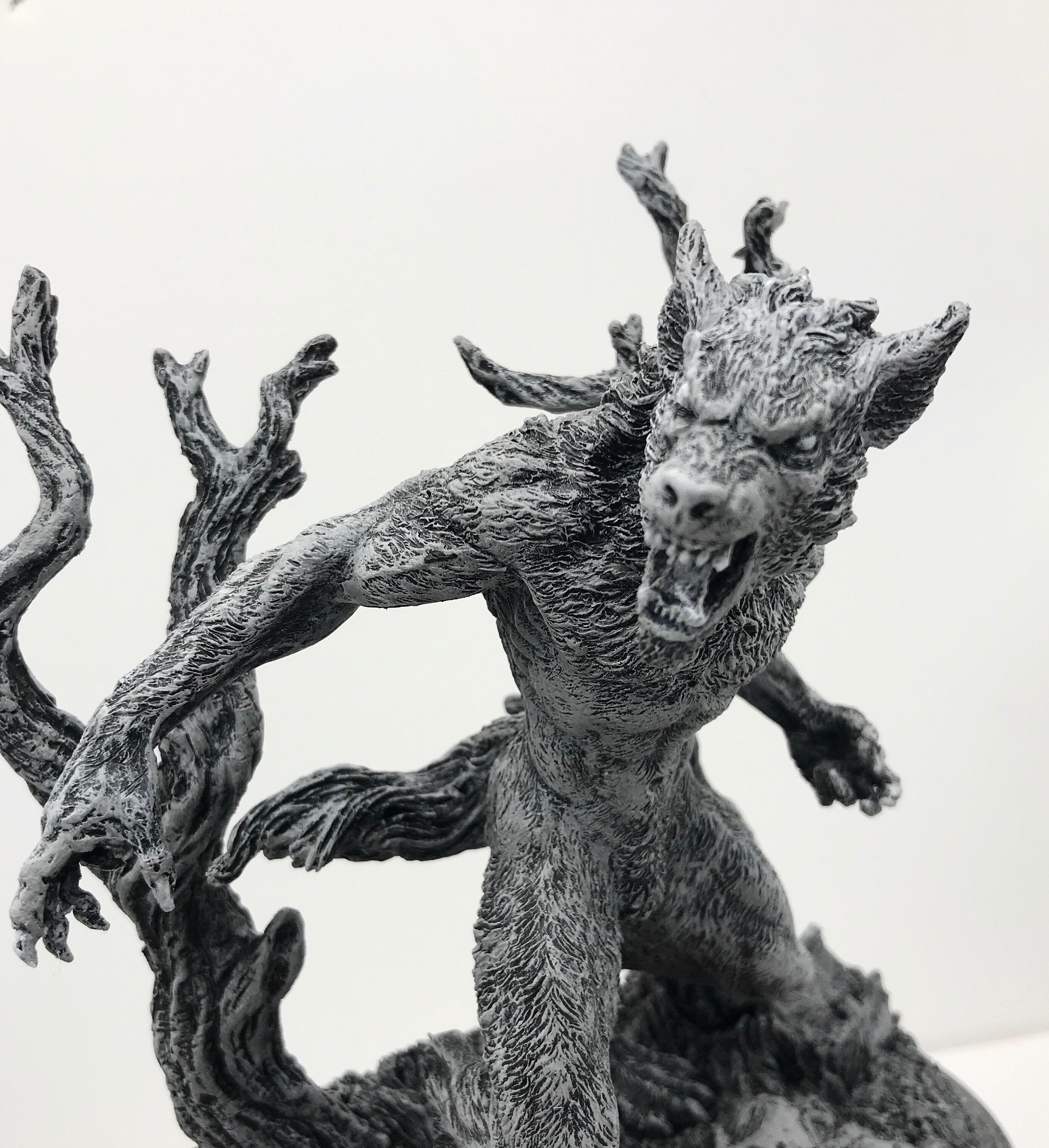 Werewolf Statue, Hand Painted Grayscale Resin Sculpture | Gothic Halloween Legendary Monster Figurine | Dark Art for Spooky Home Decor