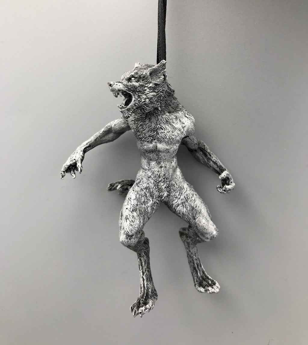 Werewolf Ornament, Grayscale, Hand Painted Resin Sculpture | Gothic Halloween Legendary Monster | Dark Folklore for Spooky Holiday Ornament