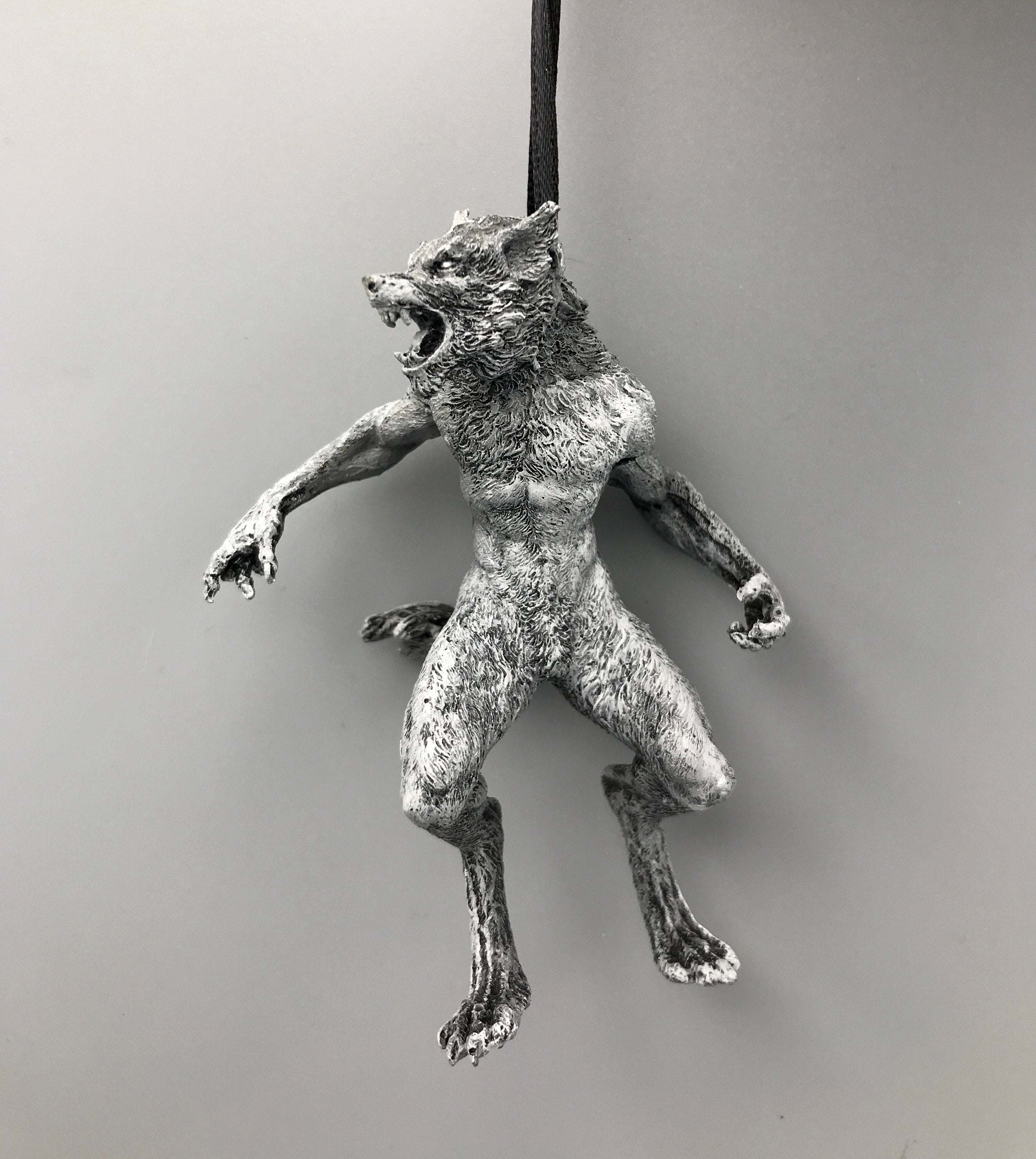 Werewolf Ornament, Grayscale, Hand Painted Resin Sculpture | Gothic Halloween Legendary Monster | Dark Folklore for Spooky Holiday Ornament
