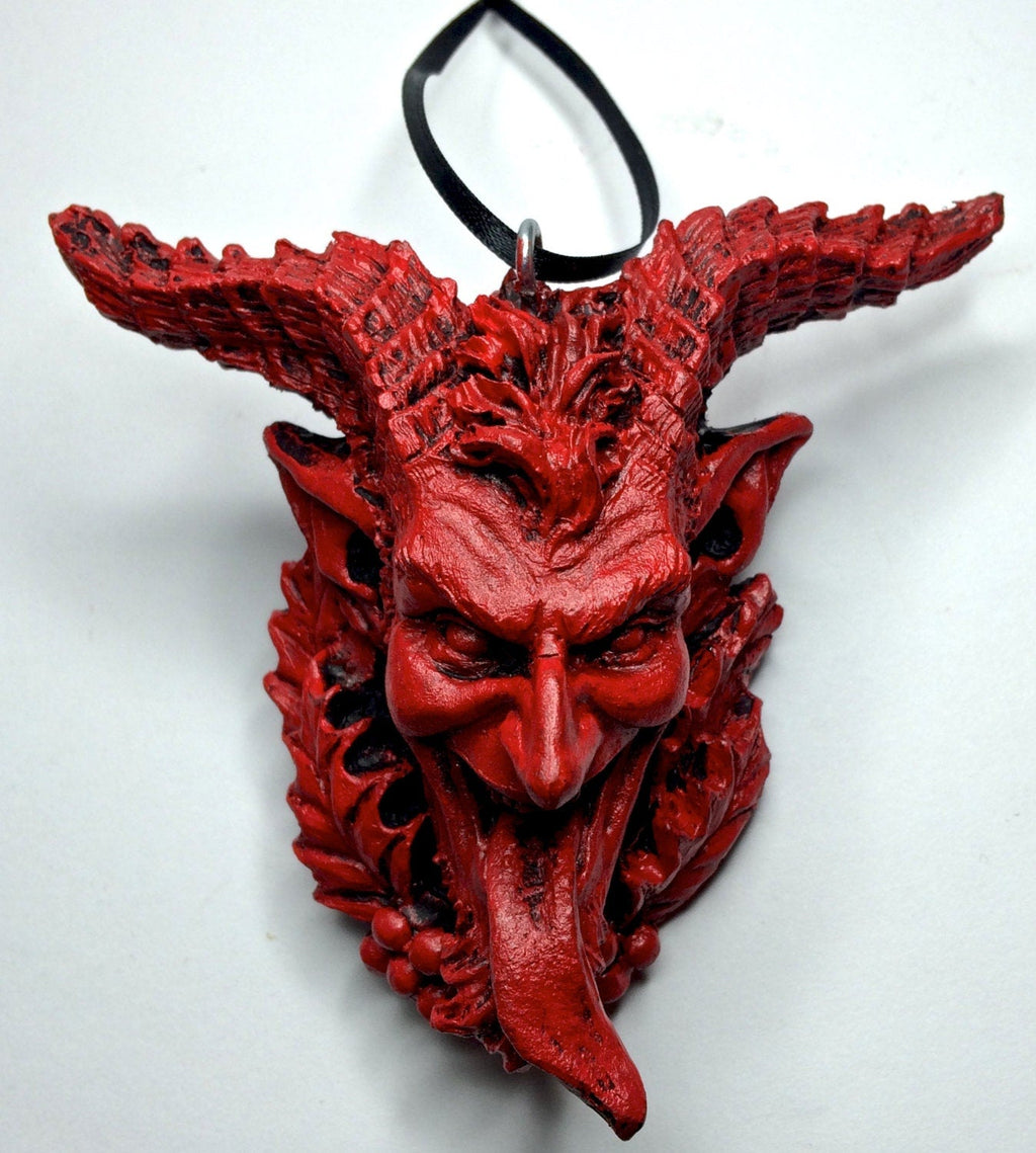 Krampus Head Ornament, Hand Painted Resin Sculpture | Mythical Creature Figurine | Unique Dark Christmas Demon for Gothic Holiday Decor