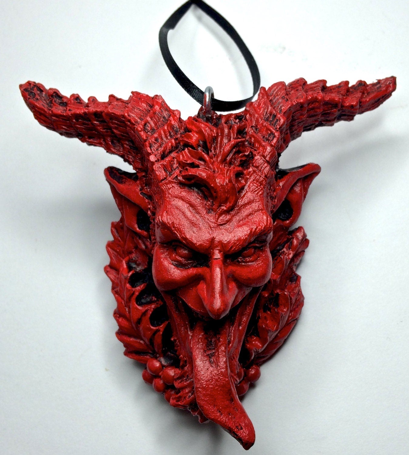 Krampus Head Ornament, Hand Painted Resin Sculpture | Mythical Creature Figurine | Unique Dark Christmas Demon for Gothic Holiday Decor