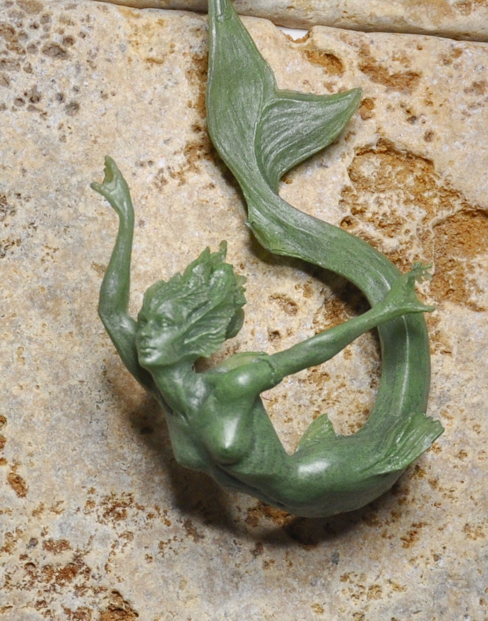 Mermaid Ornament, Hand Painted Resin Sculpture, Jade Finish| Mythical Creature Figurine|Unique Legendary Mermaid Fantasy Art Holiday Decor