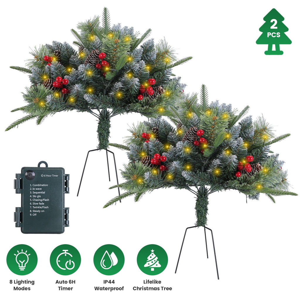 2Pcs Christmas Tree Urn Filler With Light Artificial Lighted Xmas Trees Light with Cones Berries Holiday Planter Filler LED Pathway Pine Tree IP44 Wat