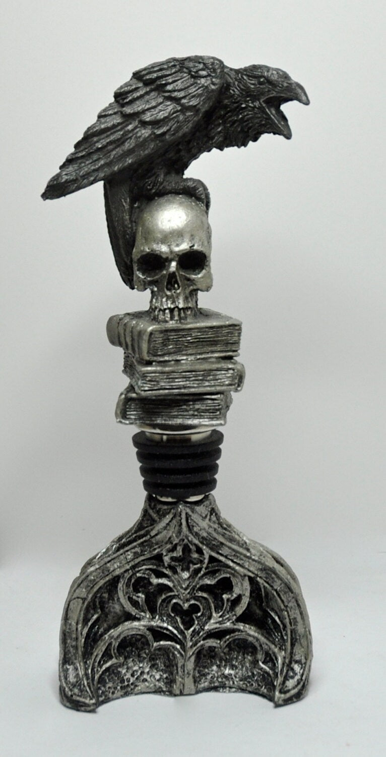 Raven Winestopper, Hand Sculpted Resin, Gothic Art Barware |Poe’s Raven with Skull and Books Bottle Stopper |Gothic Wine Gift and Home Decor