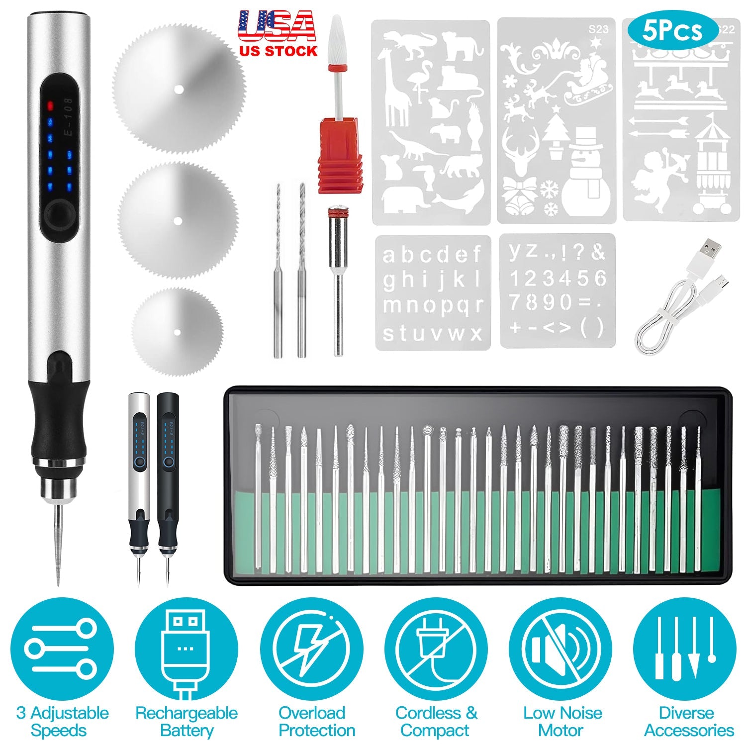 Electric Engraving Pen with 33Pcs Burr Bits 5Pcs Stencils 3 Gears Speed Rechargeable Cordless Professional Engraver Etching Machine For Jewelry Glass