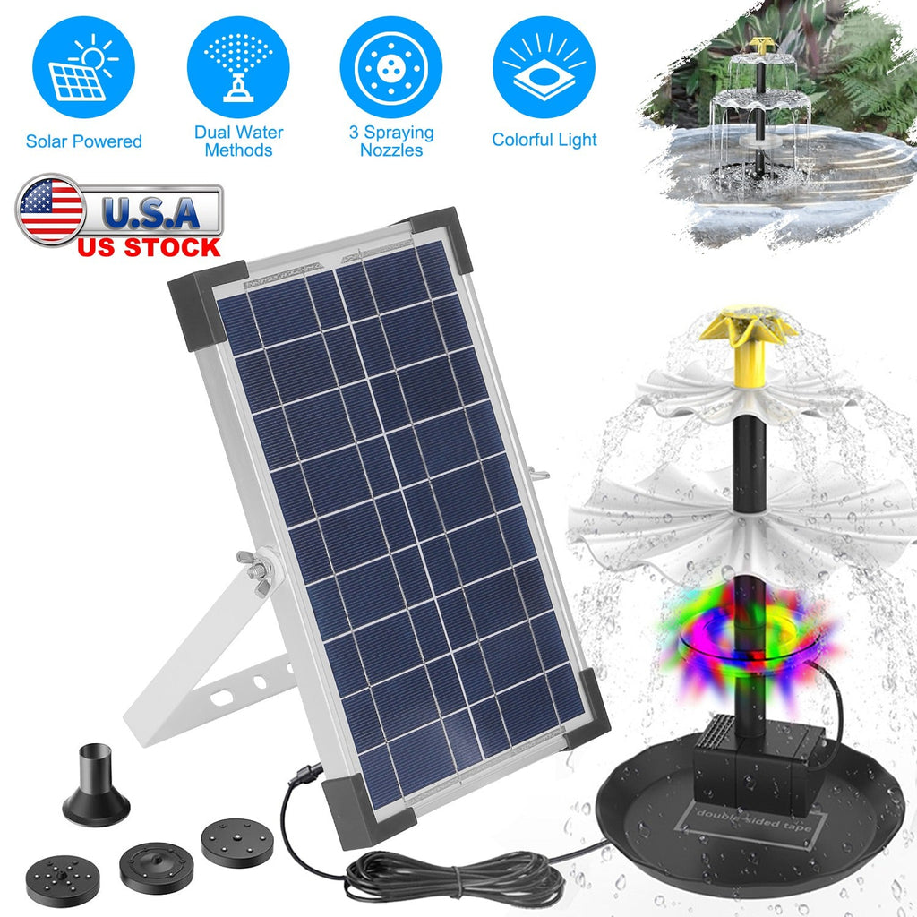3-Tier Solar Bird Bath Fountain Solar Powered Water Pump Waterfall Feature with Colorful Light 3 Nozzles 6W Solar Panel for Bird Bath Patio Yard Pond