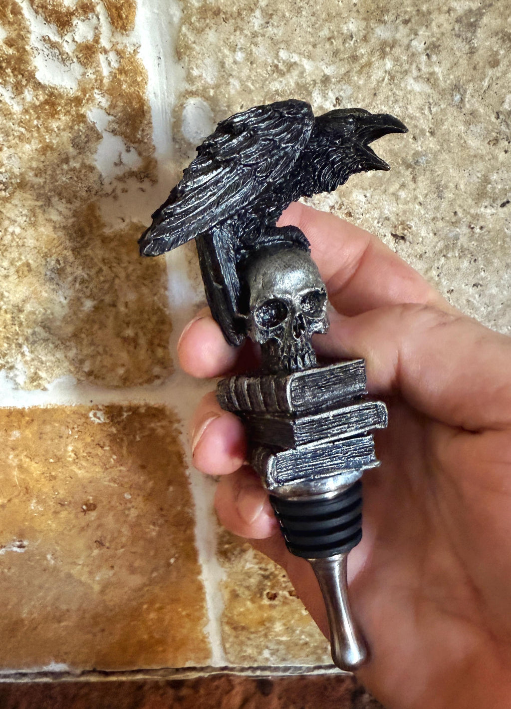 Raven Winestopper, Hand Sculpted Resin, Gothic Art Barware |Poe’s Raven with Skull and Books Bottle Stopper |Gothic Wine Gift and Home Decor