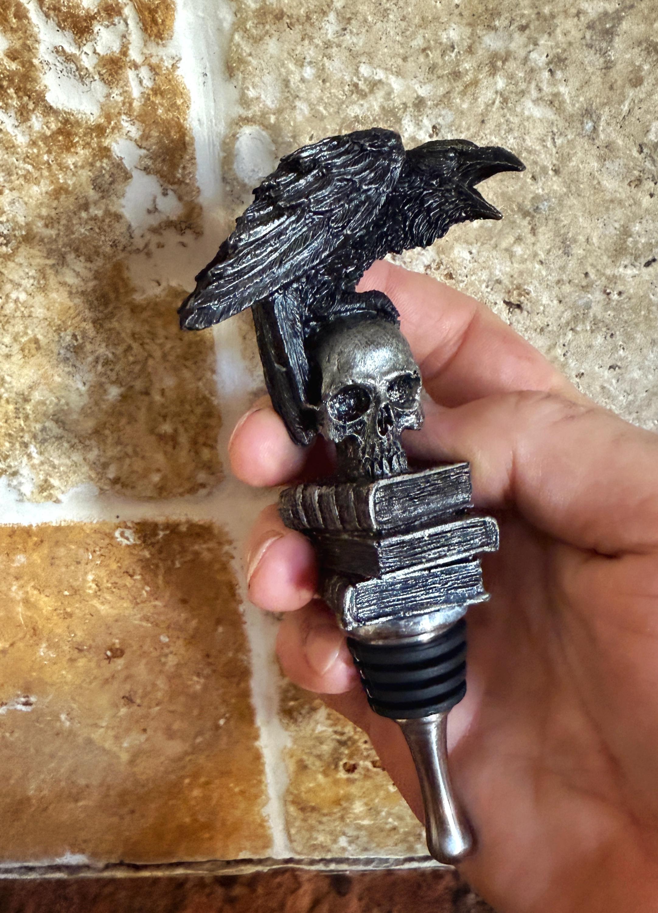 Raven Winestopper, Hand Sculpted Resin, Gothic Art Barware |Poe’s Raven with Skull and Books Bottle Stopper |Gothic Wine Gift and Home Decor