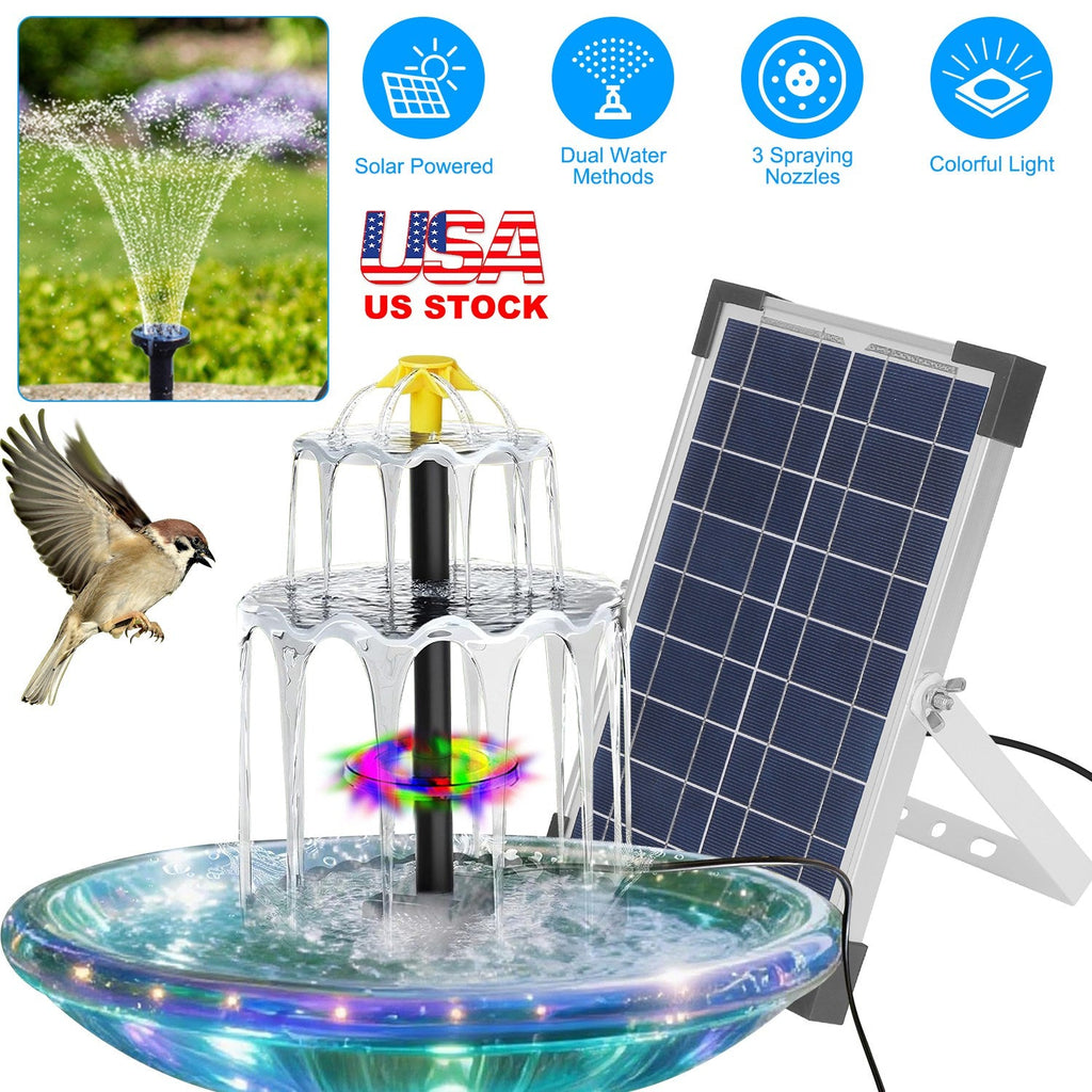 3-Tier Solar Bird Bath Fountain Solar Powered Water Pump Waterfall Feature with Colorful Light 3 Nozzles 6W Solar Panel for Bird Bath Patio Yard Pond