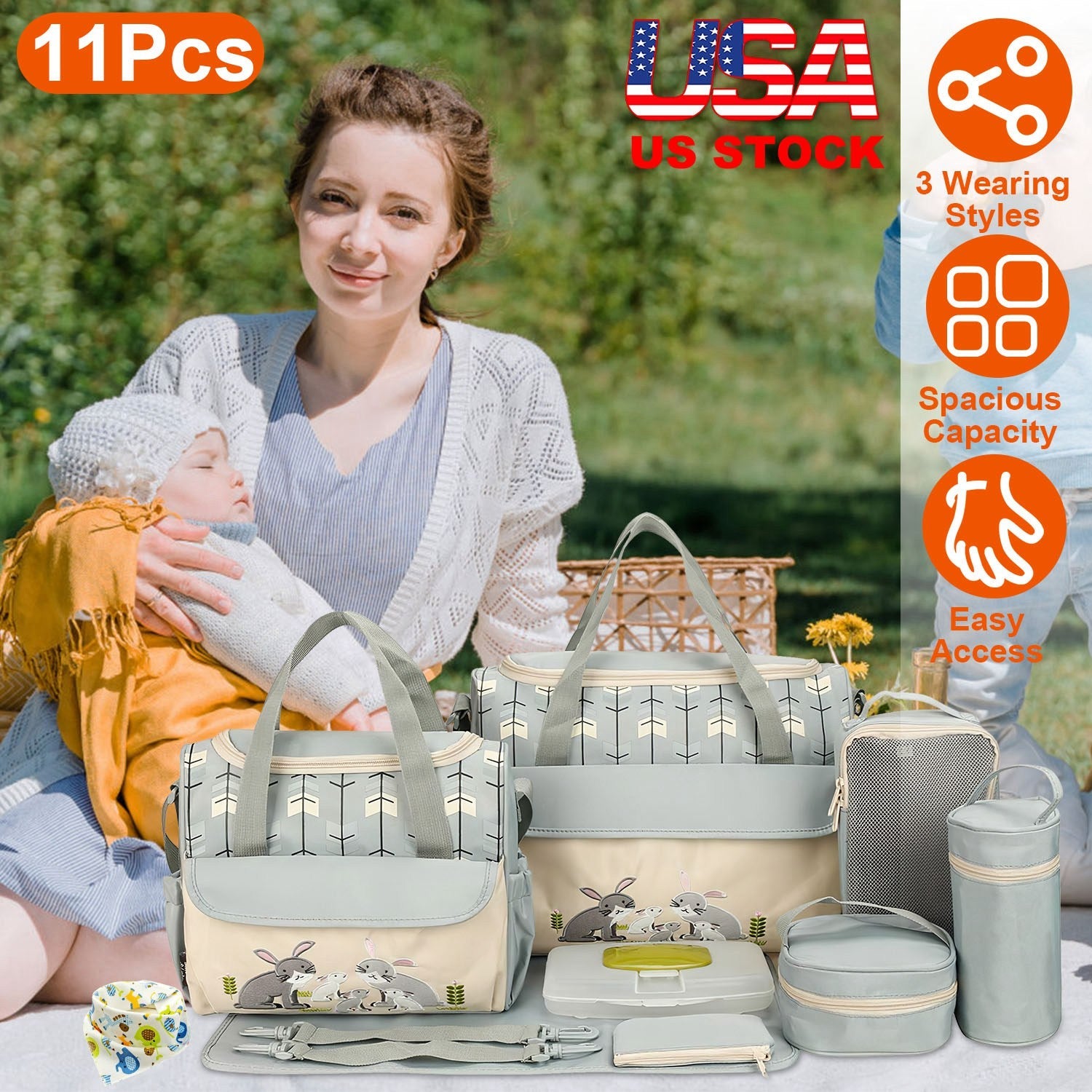11PCS Baby Diaper Bag Set – Multifunctional with Bottle & Food Bags