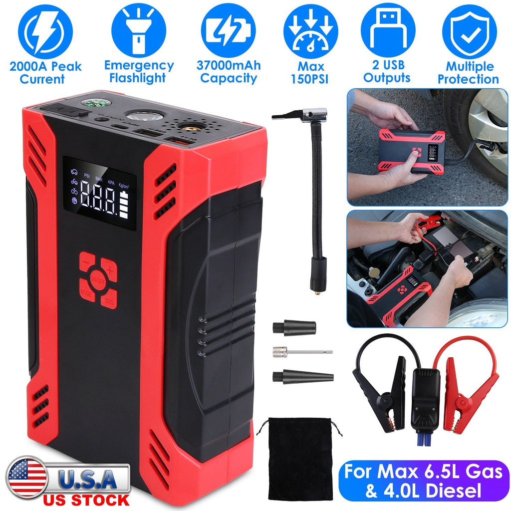 Car Jump Starter with Air Compressor Portable Car Battery Booster with Digital Tire Inflator with 2000mAh Peak Current for 12V Car 6.5L Gas or 4.0L Di