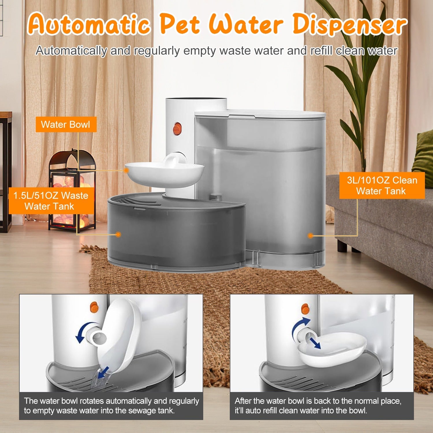 Smart Pet Water Fountain Automatic Cat Water Dispenser 3L/101OZ Cordless Rechargeable Dog Water Fountain Self-Refill with 3 Adjustable Volume 3 Time I