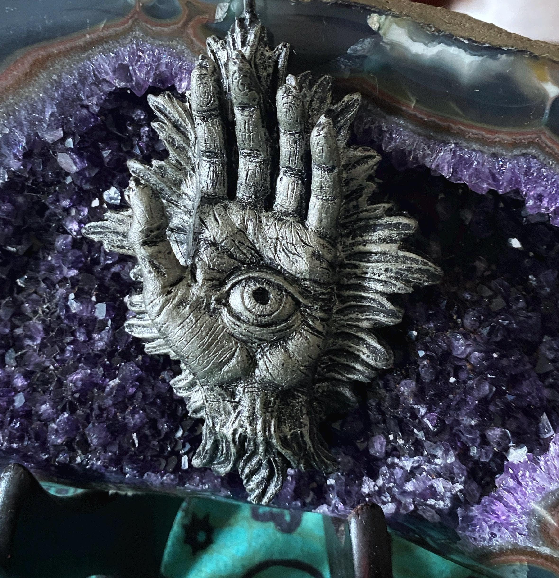 Hand of Protection Relic, Hamsa Ornament, Hand Painted Resin Sculpture |Occult Folklore Figurine | Evil Eye Pagan Ornament for Holiday Decor