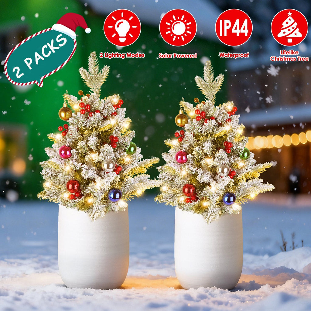 2Pcs Solar Powered Lighted Christmas Tree Urn Filler With Light Artificial Xmas Trees Light with Berries Decor Balls LED Pathway Pine Tree IP44 Waterp