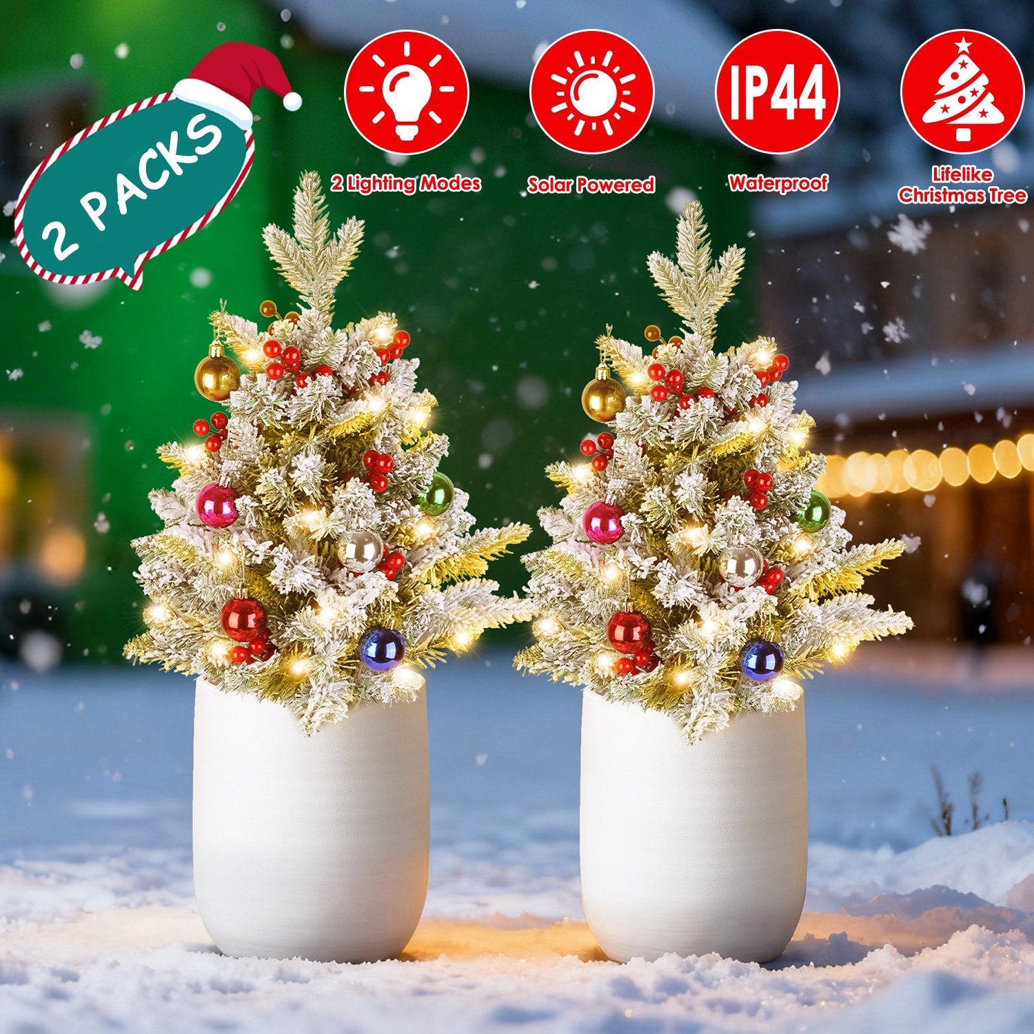 2Pcs Solar Powered Lighted Christmas Tree Urn Filler With Light Artificial Xmas Trees Light with Berries Decor Balls LED Pathway Pine Tree IP44 Waterp
