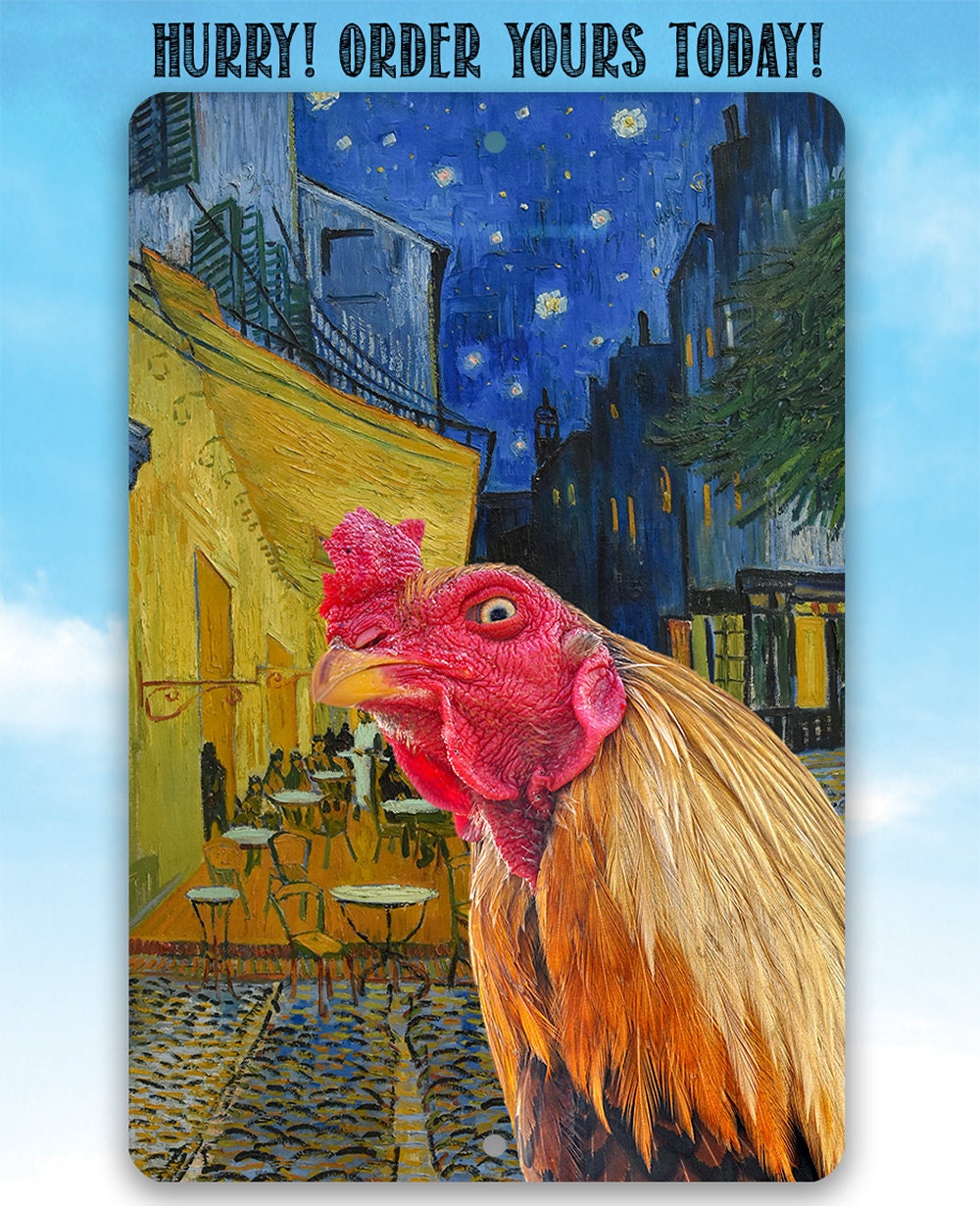Café Terrace at Night Painting - Interrupted by Rooster - Metal Sign