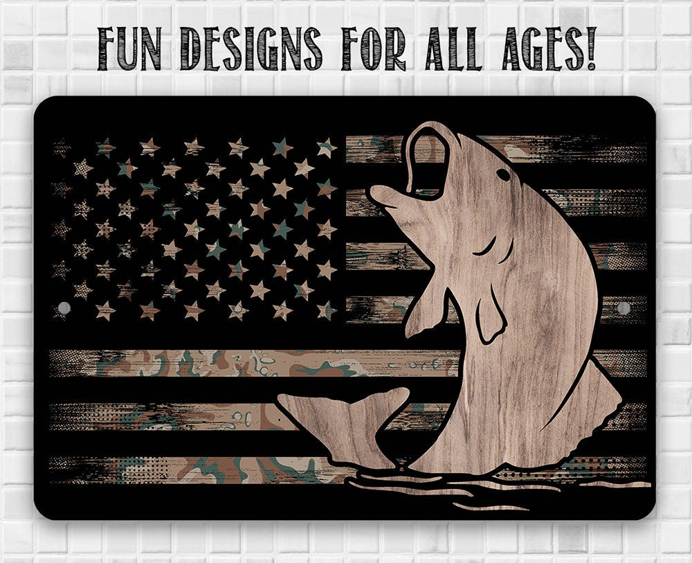 Camouflage American Flag Fishing - Metal Sign