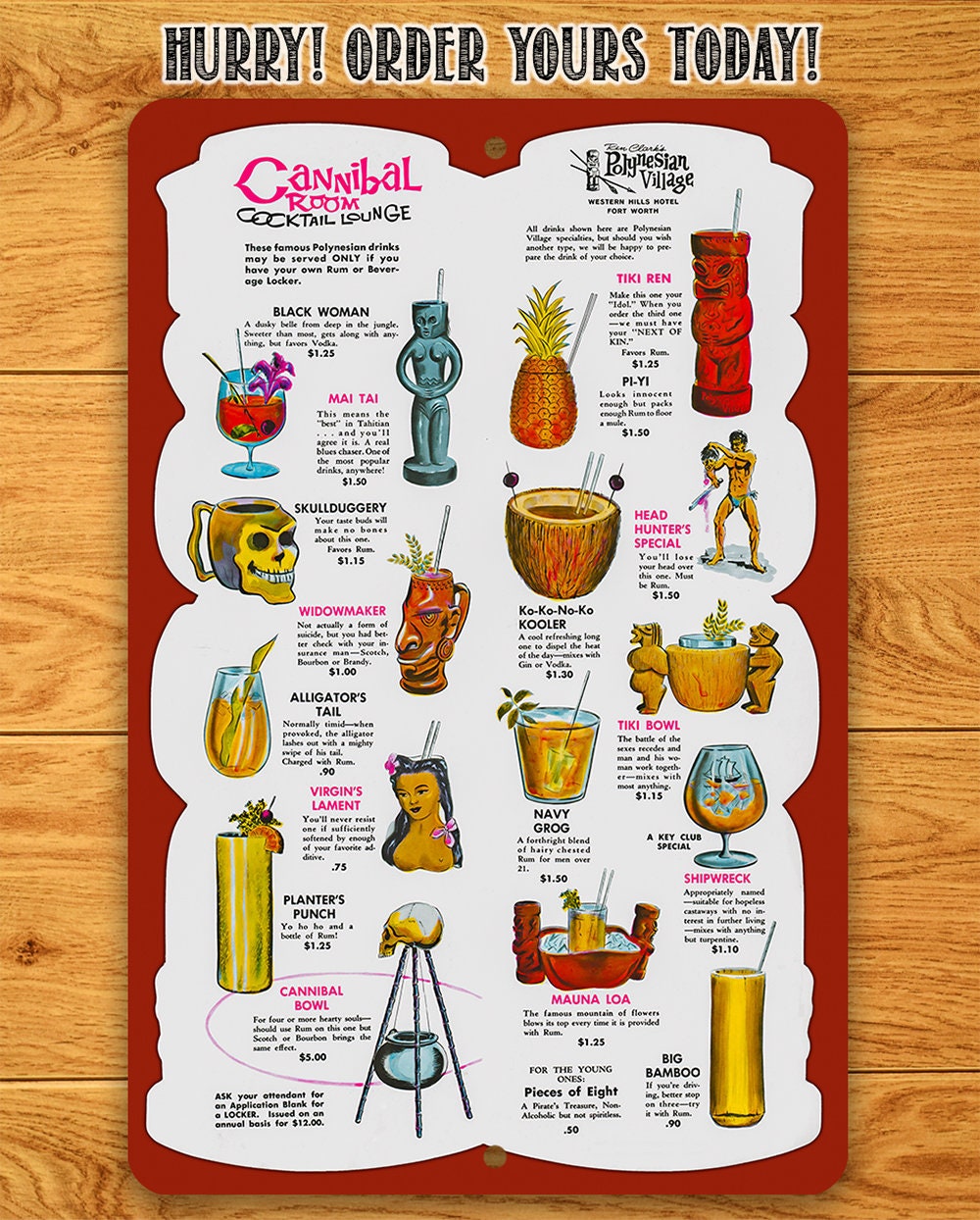 Cannibal Room Cocktail Lounge Drink Menu - Metal Sign