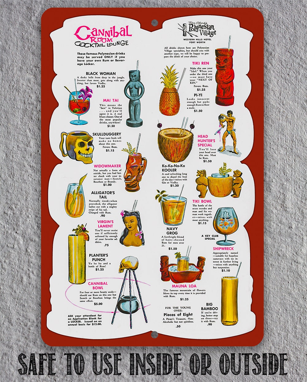 Cannibal Room Cocktail Lounge Drink Menu - Metal Sign