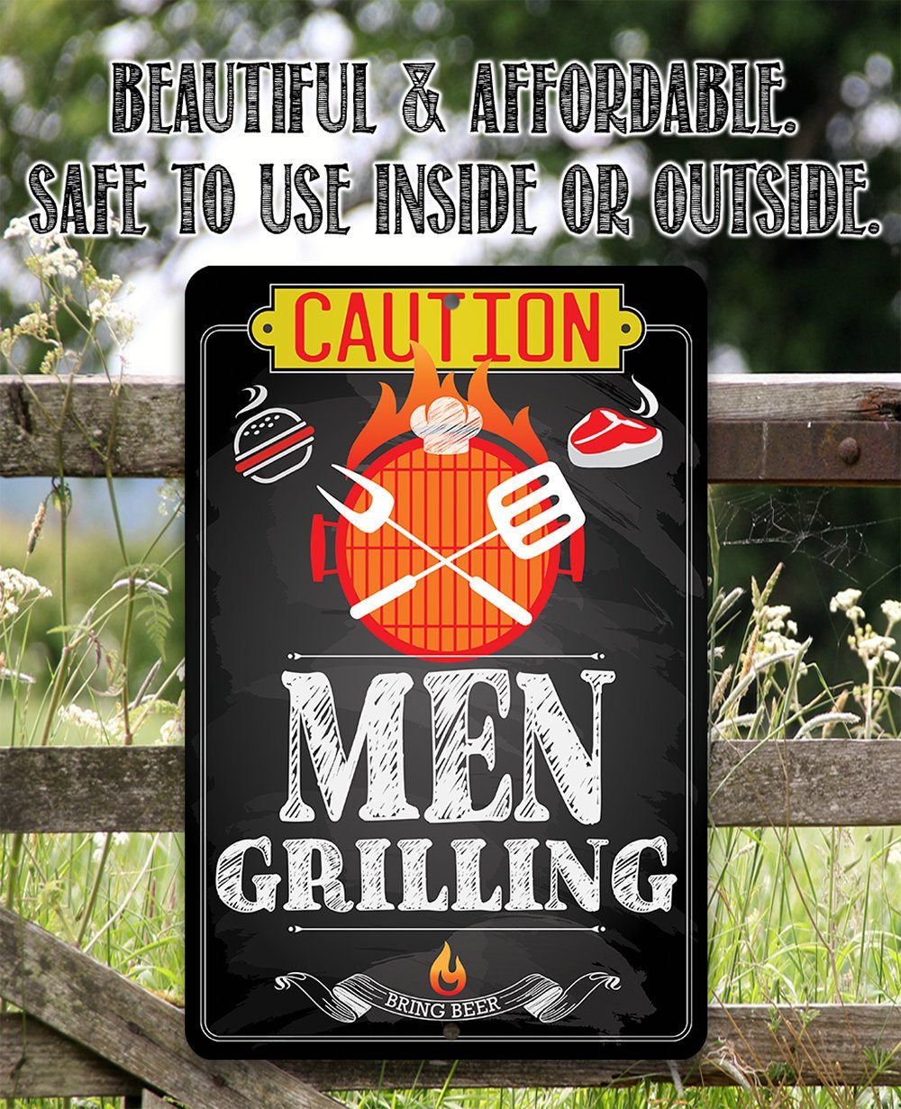 Caution Men Grilling Bring Beer - Metal Sign