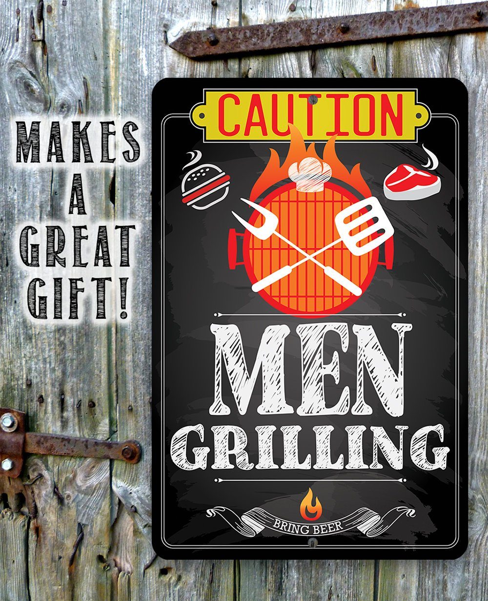 Caution Men Grilling Bring Beer - Metal Sign