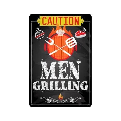 Caution Men Grilling Bring Beer - Metal Sign