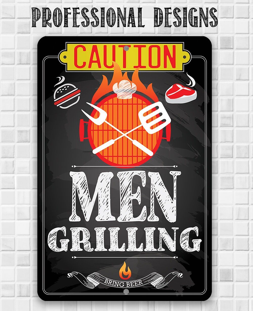 Caution Men Grilling Bring Beer - Metal Sign