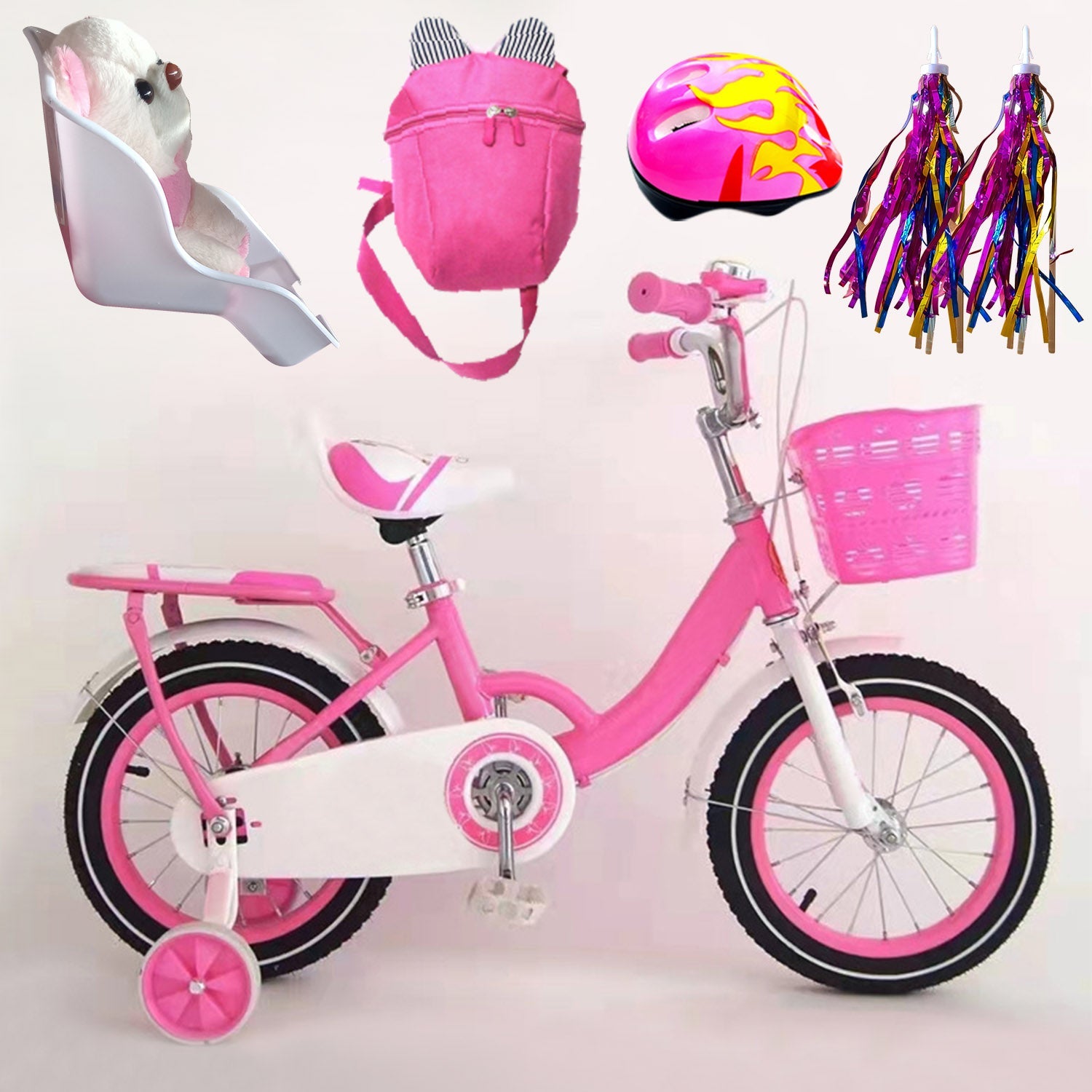12in Carbon Steel Kid Bike with Backpack Streamers Helmet Detachable Training Wheels
