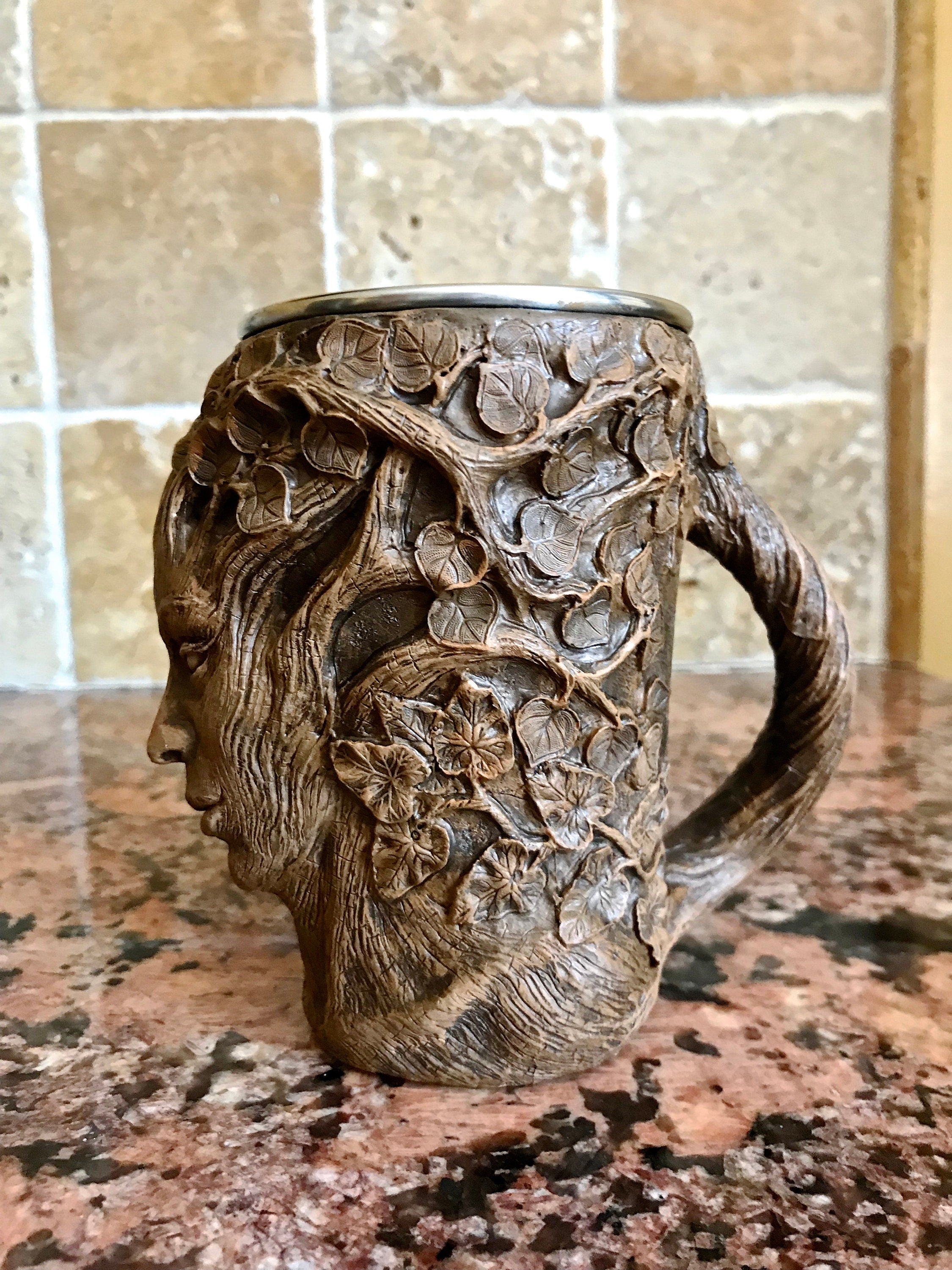 Dryad Mug, Hand Sculpted Resin Earthy Art Mug with Stainless Steel Liner| Fantasy Tree Spirit Mug, Witchy Cup Gift and Gothic Home Decor