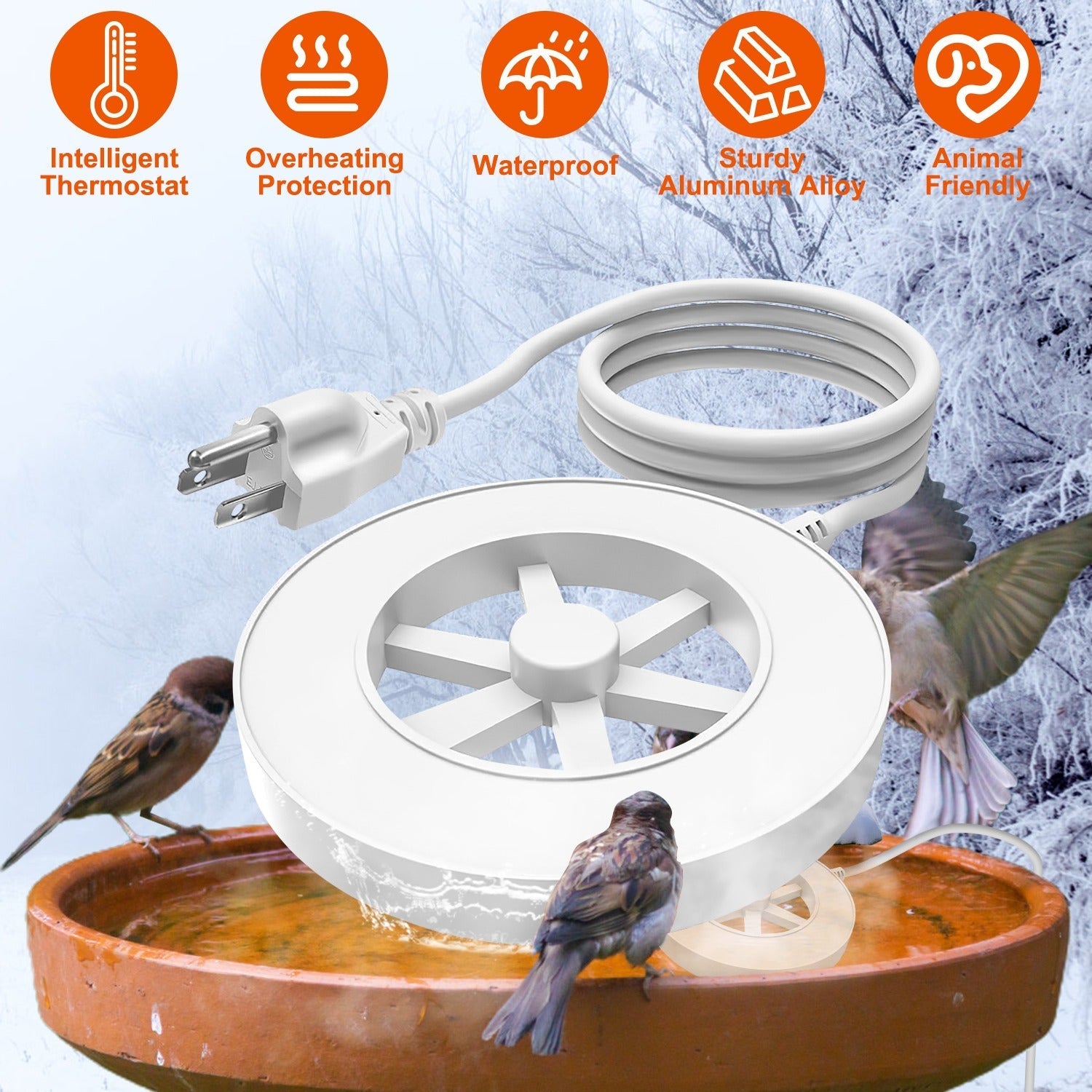 70W Outdoor Bird Bath Heater Winter Deicer with Thermostat, Auto Shutoff & Waterproof Design