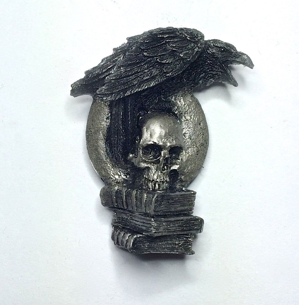 Raven Magnet, Hand Painted Resin Sculpture | Gothic Fantasy Decor | Poe's Raven and Skull Magnet for Fantasy and Gothic Decor