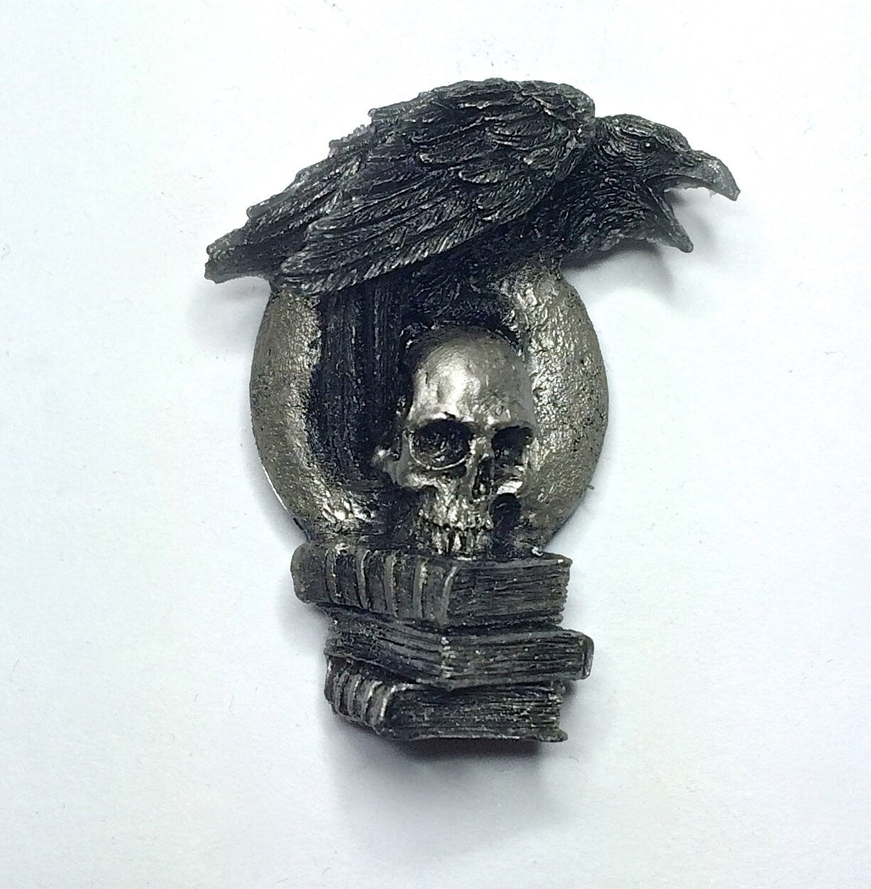 Raven Magnet, Hand Painted Resin Sculpture | Gothic Fantasy Decor | Poe's Raven and Skull Magnet for Fantasy and Gothic Decor