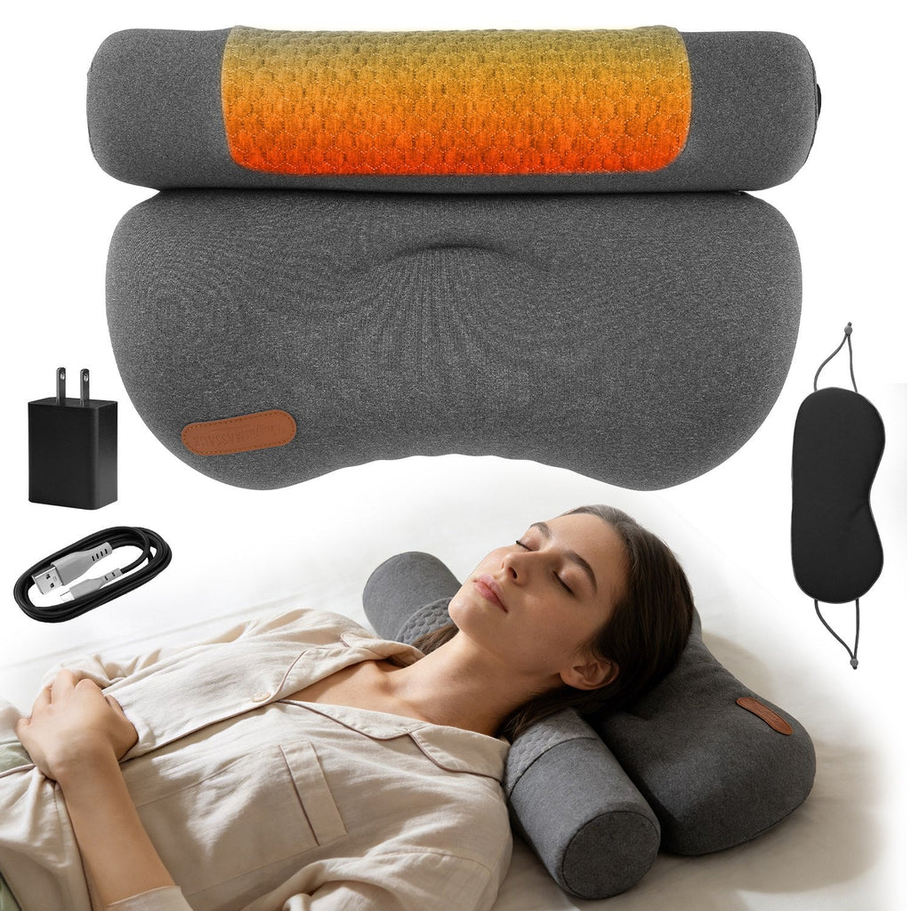 USB Heated Neck Pillow Zero Pressure Memory Foam Cervical Neck Pillow Heated Bed Pillow with Eye Mask Adapter for Pain Relief