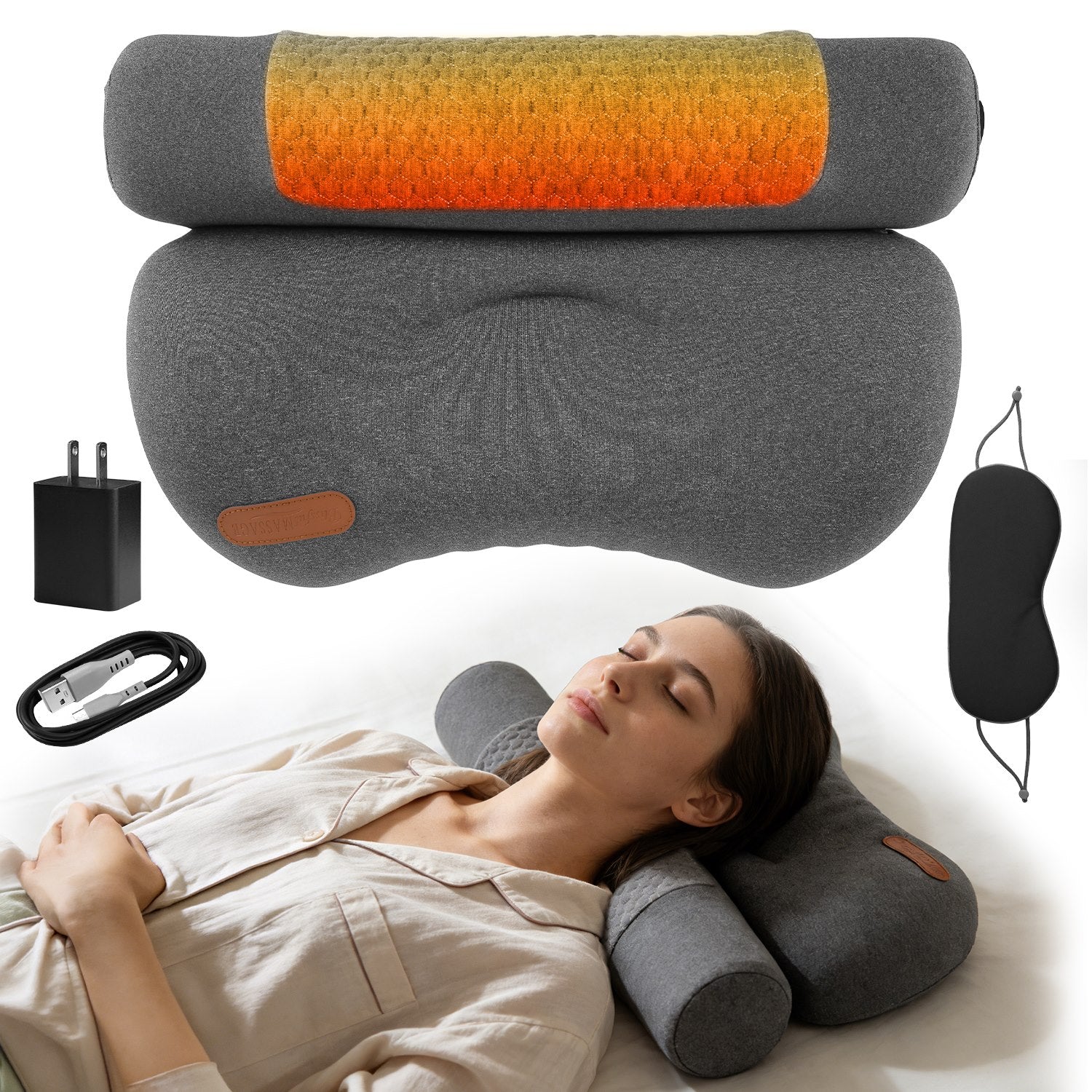 USB Heated Neck Pillow Zero Pressure Memory Foam Cervical Neck Pillow Heated Bed Pillow with Eye Mask Adapter for Pain Relief