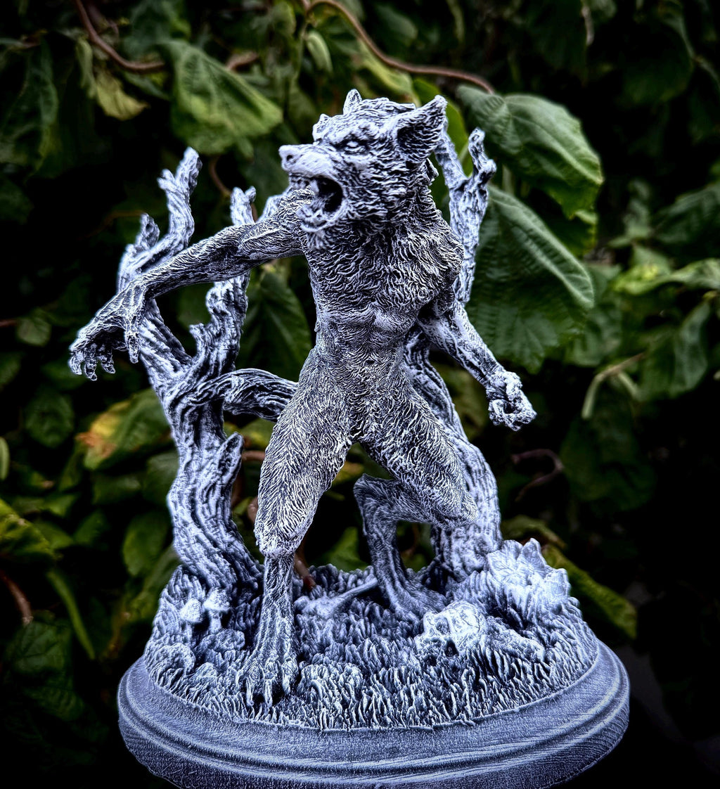 Werewolf Statue, Hand Painted Grayscale Resin Sculpture | Gothic Halloween Legendary Monster Figurine | Dark Art for Spooky Home Decor