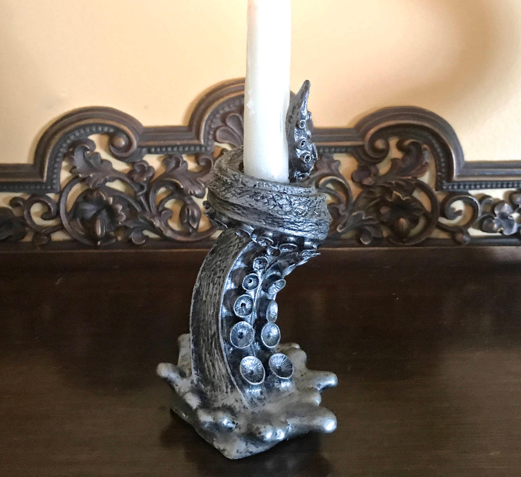 Tentacle Candlestick Holder, 6" Version, Resin Sculpture | Octopus Lovecraftian Tentacle Candle for Nautical Gift and Gothic Home Decor